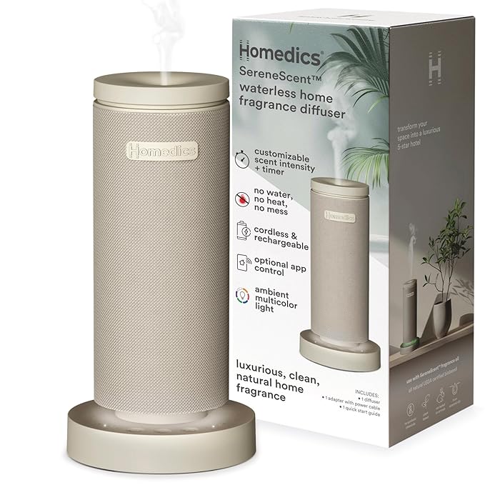 Homedics SereneScent Mini Fabric Rechargeable Waterless Diffuser, Cordless Aromatherapy Device, Use with SereneScent Oil 15ml (Sold Separately), Adjustable Mist Intensity & Ambient Light, Beige