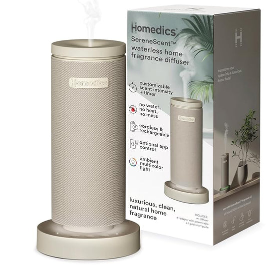 Homedics SereneScent Mini Fabric Rechargeable Waterless Diffuser, Cordless Aromatherapy Device, Use with SereneScent Oil 15ml (Sold Separately), Adjustable Mist Intensity & Ambient Light, Beige