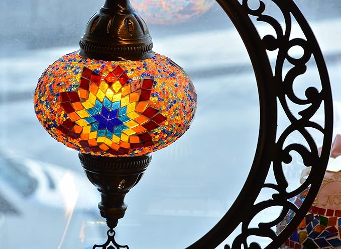 mozaist Turkish Tiffany Style Moon Shape Table Lamp, Moroccan Mosaic Crescent Handcraft Desk Light, Rustic Stained Glass Dining Room, Bedside Colorful Home Decor with E12 Socket & US Plug (Sunflower)