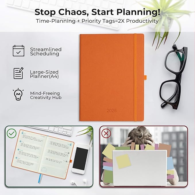 Weekly Monthly 2026 Planner (Jan.26-Dec.26),11.5"x8.5",12 Months Agenda Plan with Month Tabs & Pocket,Expenses/Note Pages, Appointment Book Calendar with Hardcover Vegan Leather Cover,Orange