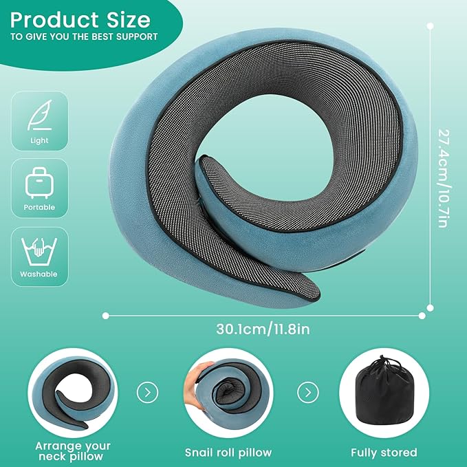 Badink®Memory Foam Neck Travel Pillow, Neck Pillow Airplane with MagicStrap – Adjustable Ergonomic Travel Pillow for Office/Airplane/Car, Washable Cover, Portable Cervical Support(Peacock Blue)