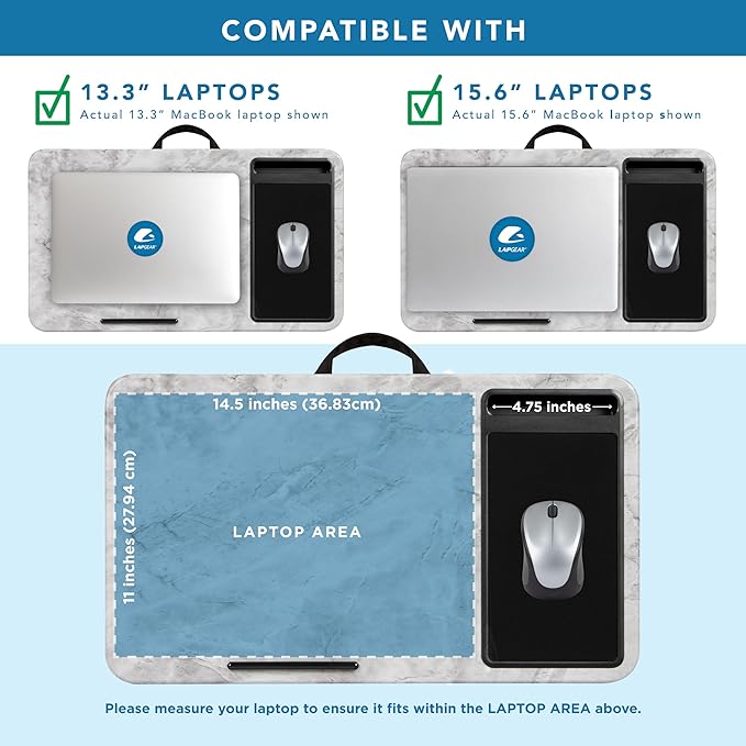 LAPGEAR Home Office Lap Desk with Device Ledge, Mouse Pad, and Phone Holder - White Marble - Fits Up To 15.6 Inch Laptops - Style No. 91501