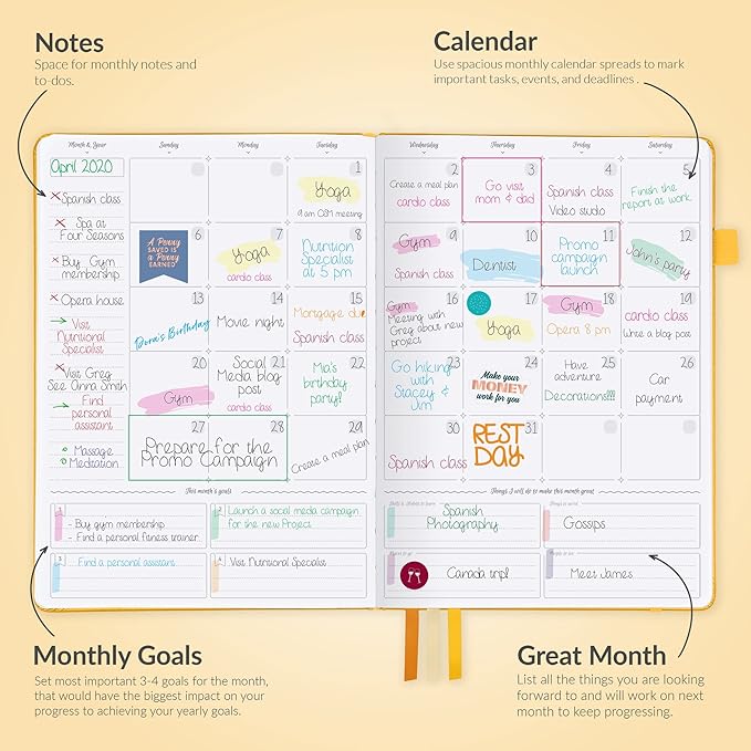 GoGirl Planner PRO - Undated Horizontal Layout Weekly Planner and Organizer + Budgeting and Expense Tracking Pages, Goals Journal & Agenda, 7" x 10" Hardcover, Lasts 1 Year - Amber Yellow