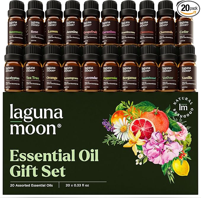 Lagunamoon Essential Oils Set, Top 20 Gift Set Oils for Diffusers, Humidifiers, Aromatherapy, Candle Making Scents, Cars & Home Products, Peppermint, Tea Tree, Lavender, Eucalyptus, Lemongrass (10mL)