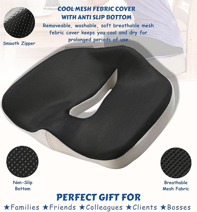 Large Memory Foam Seat Cushion for Office Chair, Wheelchair, Ergonomic Chair Cushion for Hip Pain, Ideal for Sciatica, Back Pain Relief, Tailbone Support, Booster Seat, Removable & Washable Cover