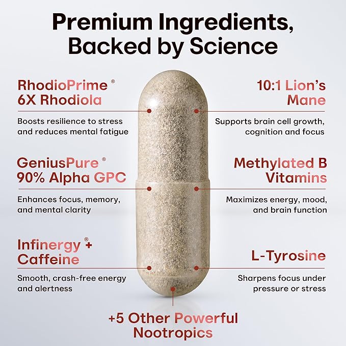 Nootropic Strongest Focus Supplement - Clinically Backed Ingredients Made in USA - Scientifically Backed Doses - Supplement for Brain Fog - AlphaGPC, Lions Mane, Rhodiola and More 10:1 90 Capsules