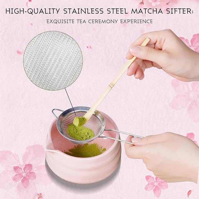 Matcha Whisk Set, 8-Piece Pink Matcha Set with Ceramic Bowl, Bamboo Whisk, Sifter, Large Mat and More – Complete Matcha Kit with Gift Box for Matcha Lovers