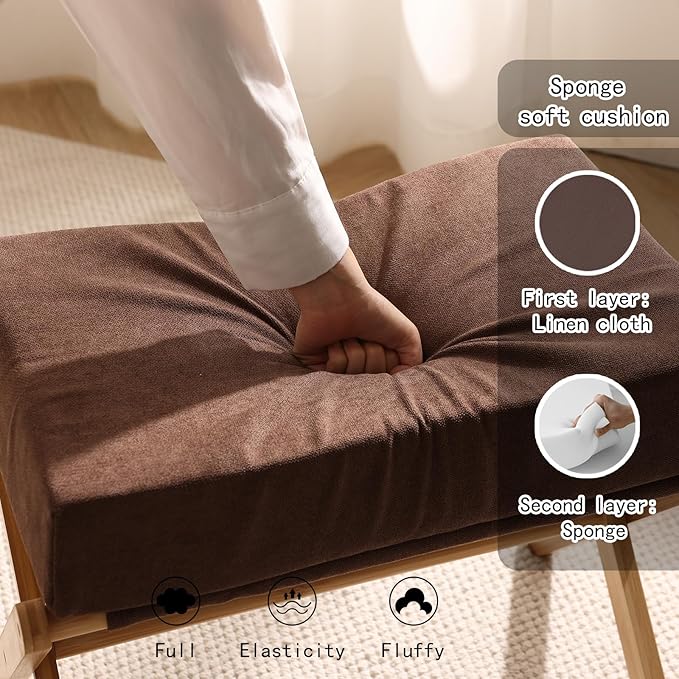 Folding Footrest Stool, Small Accent Ottoman with Thick Cotton Cushion & Bamboo X Legs, Modern Padded Sofa Stool for Makeup Bedroom Living Room (Brown)