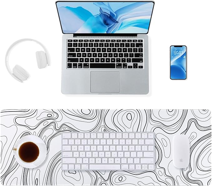 ALOANES Waterproof Mouse Pad with Durable Stitched Edge, XL gaming Keyboard Pad, Non-Slip Rubber Base, Extended Desk pad for Gamer, Office & Home, White Topographic Map Mousepad 31.5''x 11.8''x 0.12''