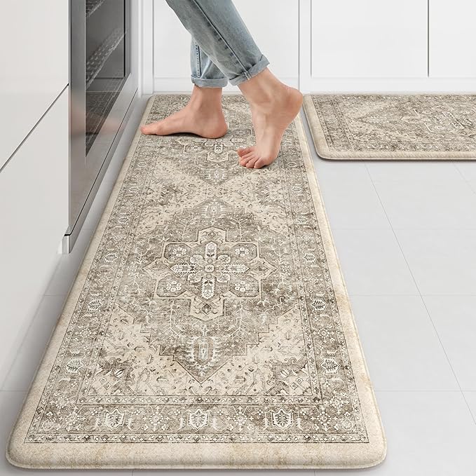 KIMODE Anti Fatigue Kitchen Mats 2 PCS 17"x47"+17"x29", Boho Kitchen Rugs and Mats, Non Slip Cushioned Kitchen Mats for Floor, Waterproof Kitchen Floor Mats for Laundry, Office, Sink, Khaki
