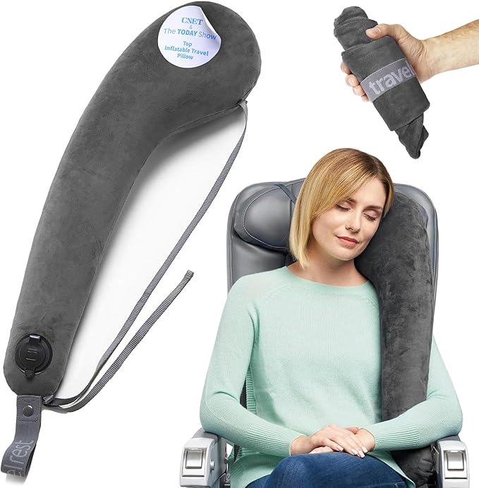 TRAVELREST All-in-One Neck & Body Pillow - Advanced Support and Comfort Design, Travel Essentials, Memory Foam, Inflatable, Airplane & Car Seat, Sleeping on Long Flight & Trips, Travel Pillow - Grey