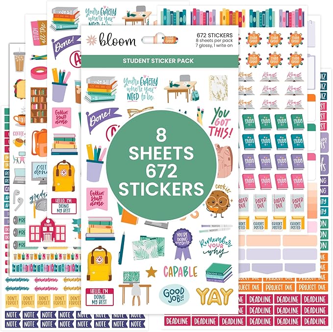 bloom daily planners Student Planner Stickers - 8 Sheets / 672 Stickers - Essential School Themed Variety Pack for Academic Year Planning - Icons & Illustrations to Track Assignments, Exams, & More