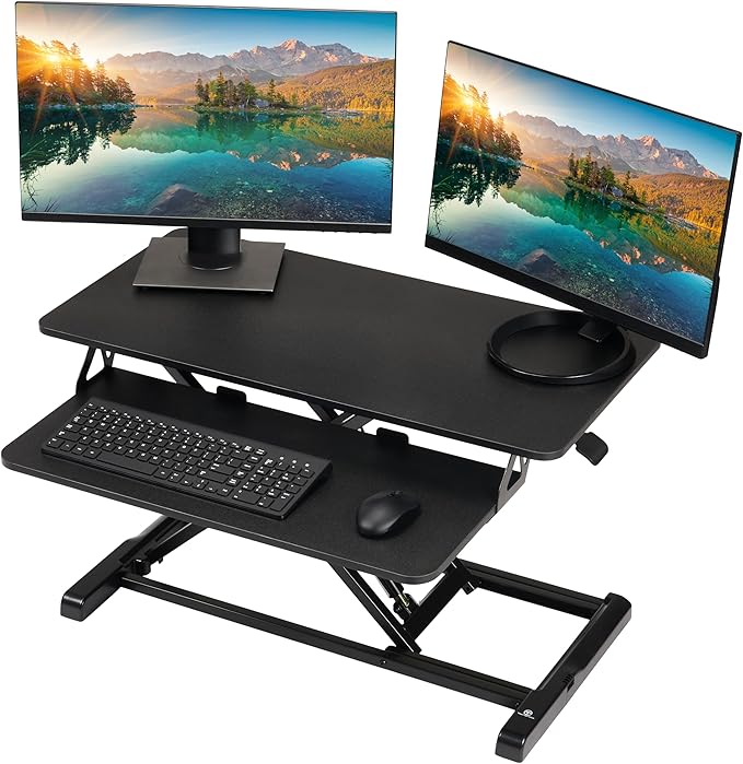 TechOrbits Standing Desk Converter - 32 Inch Adjustable Sit to Stand Up Workstation, Particle Board, Dual Monitor Desktop Riser with Keyboard Tray, for Home Office Laptop, Black 32"