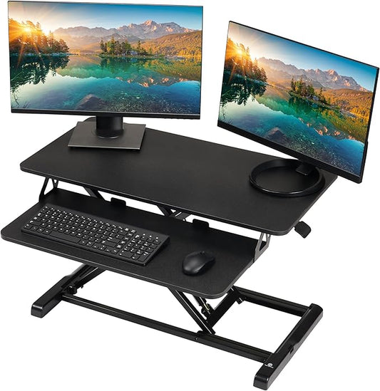 TechOrbits Standing Desk Converter - 32 Inch Adjustable Sit to Stand Up Workstation, Particle Board, Dual Monitor Desktop Riser with Keyboard Tray, for Home Office Laptop, Black 32"