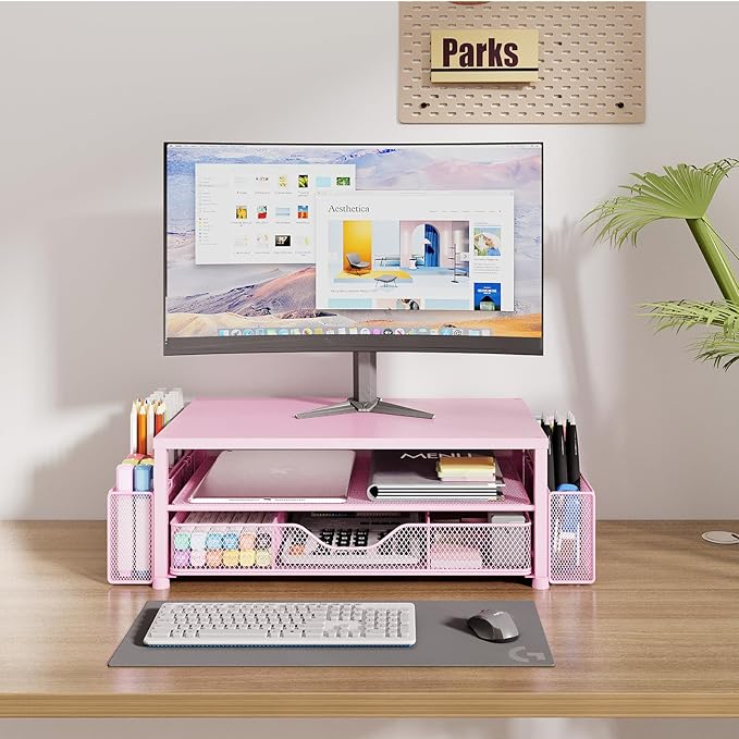Desk Organizers and Accessories, 2-Tier Computer Monitor Stand Riser with Drawer and 2 Pen Holders, Laptop Stand, Office Desk Accessories for Office Supplies, Pink