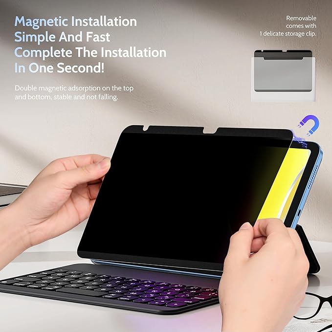 4 Way Magnetic Privacy Screen Protector for iPad 10th Gen 2022 10.9" & iPad 11th Gen A16 2025 11", Removable 360 Spy Private Filter, Anti Blue Light Glare Bubble-Free Black Security Protector