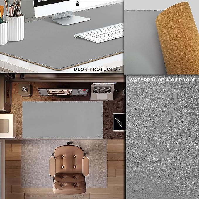 Vyaaa Cork & Leather Desk Mat, 43.3“ x 19.7” Dual Sided Leather Desk Pad, Waterproof Extra Large Desk Mat, Desk Mats on top of Desks for Home or Office (Grey)