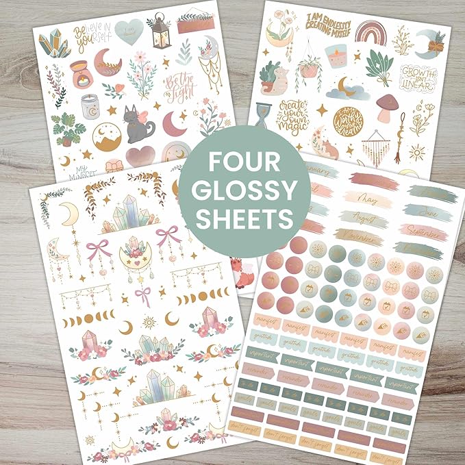 bloom daily planners x Simply Gilded Aesthetic Neutral Planner Stickers (8 Sheets / 435 Stickers) - Bohemian Variety Pack with Gold Foil for Decorating, Planning, Scrapbooking