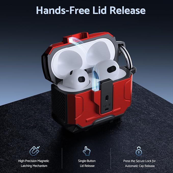 DASFOND Armor Cover Airpods 3 Generation Case, Military Grade Full Body Shockproof Protection Hard Case, Support Wireless Charging with Keychain, Magnetic Lid, Front LED Visible, Red