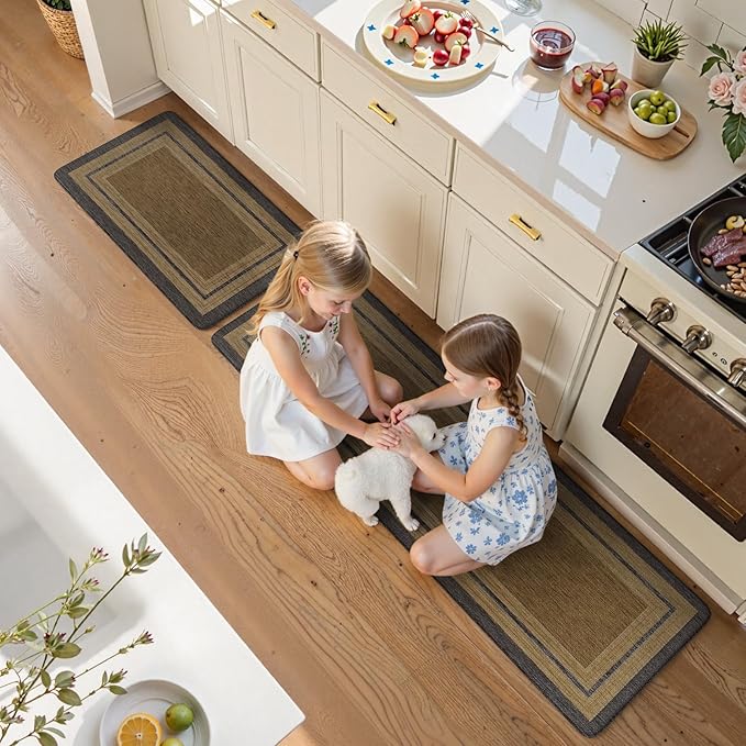 KIMODE Anti Fatigue Mats for Kitchen Floor 17.3"x29"+17.3"x59", Farmhouse Kitchen Rugs Sets of 2, Memory Foam Kitchen Mat for Floor, Comfort Standing Mats for Laundry Office Sink Desk Grey/Brown