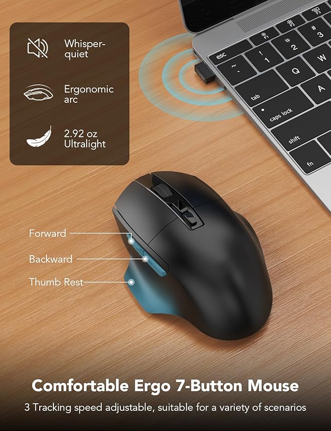 Wireless Keyboard and Mouse Combo – Ergonomic Wave Key, Built-in Leather Soft Palm Rest, 2.4G Full Size, 8 Hotkeys, 6-Button Mouse with 4-Level DPI, Dual USB-A/USB-C, Windows & macOS Compatible