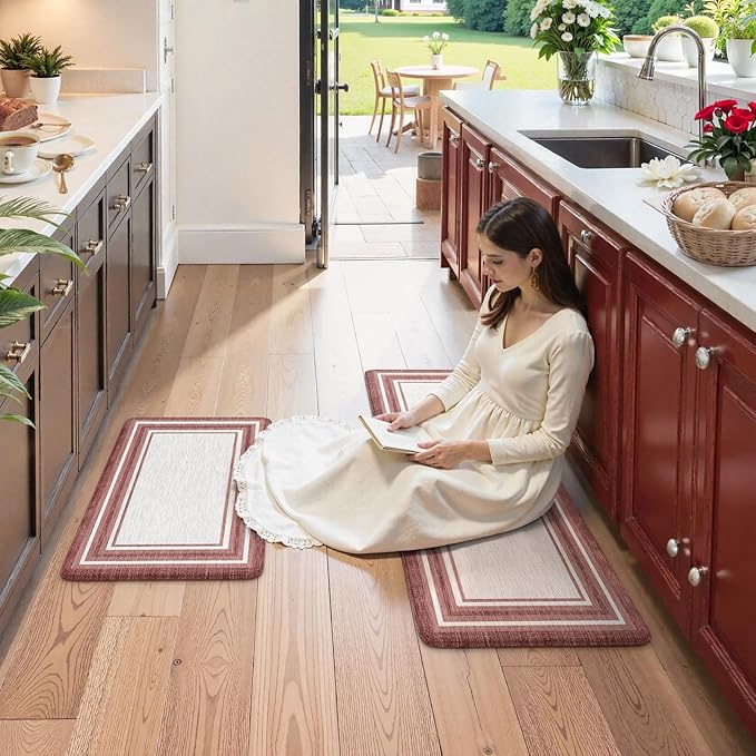 KIMODE Anti Fatigue Kitchen Mats for Floor 2 Piece, Christmas Farmhouse Kitchen Rugs, Padded Kitchen Floor Mats, Standing Desk Mats for Laundry Office Sink Red 17"x47"+17"x29"