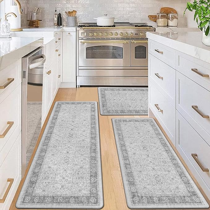Pauwer Anti Fatigue Kitchen Mat Set of 3 Non Slip Kitchen Mats for Floor Cushioned Kitchen Rugs Comfort Standing Mat Farmhouse Waterproof PVC Foam Kitchen Floor Mat Runner, Light Grey