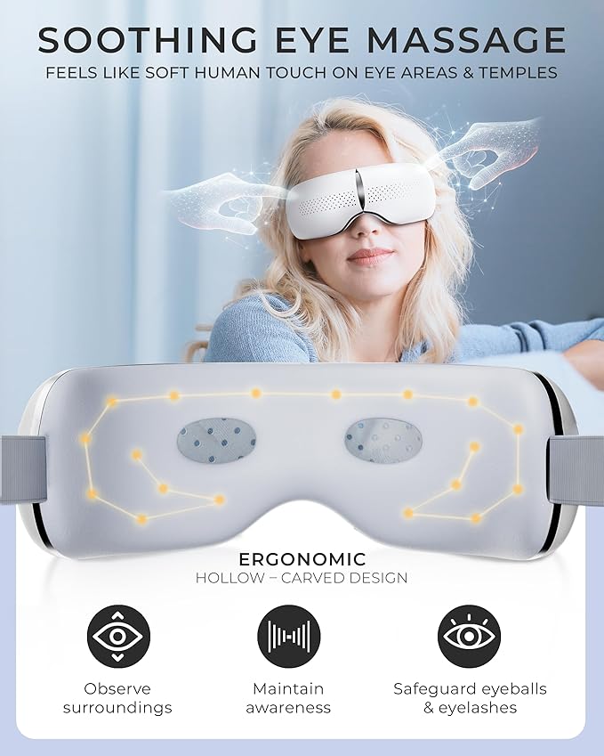 Premium Eye Massager with Heat & Cooling Gel Mask Heated Eye Massager for Migraine w Bluetooth & White Noise Massaging Mask for Tension & Stress Relief, Birthday Gift