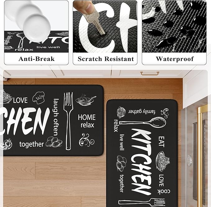 KIMODE Kitchen Mats 2PCS,Cushioned Anti Fatigue Farmhouse Kitchen Rugs and Mats,Non Slip Waterproof Kitchen Mats for Floor,Comfort Foam Standing Desk Mat for Home,Kitchen,Sink,Laundry,Black