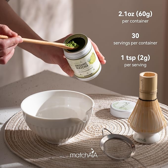 MatchAiA Premium Ceremonial Grade, USDA-Certified Organic Matcha, 100% Pure Green Tea Powder, First Spring Harvest, Sugar Free, Gluten Free (60g / 2.1oz Tin Can)