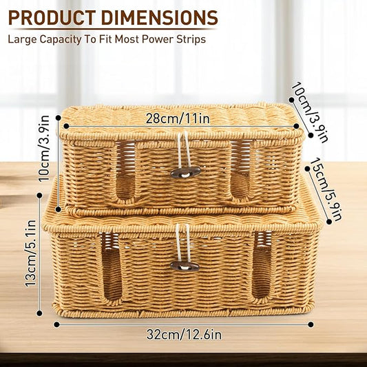 Cable Management Box - 2 Pack Cord Hider Organizer Boxs - Small & Medium Szie Power Cover Cord Box, Handwoven Rattan Cable Organizer for TV Computer USB Hub Power Strips & Cords