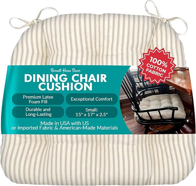 Barnett Home Decor Ticking Stripe Natural Dining Chair Pad with Ties - 15 x 17 Size Small Chair Cushion - Latex Foam Fill - Machine Washable, Reversible, 100% Cotton, Made in USA (Beige Ivory)