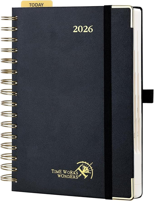 POPRUN 2026 Daily Planner One Page A Day - [8.5" x 5.75" Wire-Bound Hard Cover] Agenda 2026 Hourly Appointment Book with Monthly Calendar, Inner Pocket, Ivory Paper - Black
