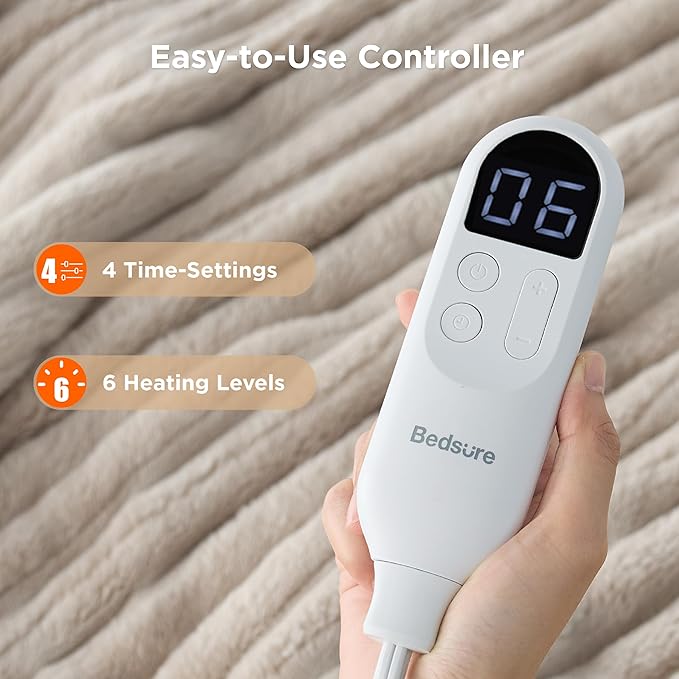 Bedsure Heated Blanket Electric Throw - Thick Striped Flannel Electric Blanket, Heating with 4 Time Settings, 6 Heat Settings, and 3-Hour Timer Auto Shut Off, Gift for Grandma (50x60 inches, Linen)