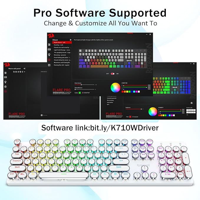 Redragon K710 Wireless Typewriter Mechanical Gaming Keyboard, Bluetooth/2.4Ghz/Wired, RGB Backlit, Blue Switch - Clicky, Rechargeable, Metal Panel, Round Keycaps, White