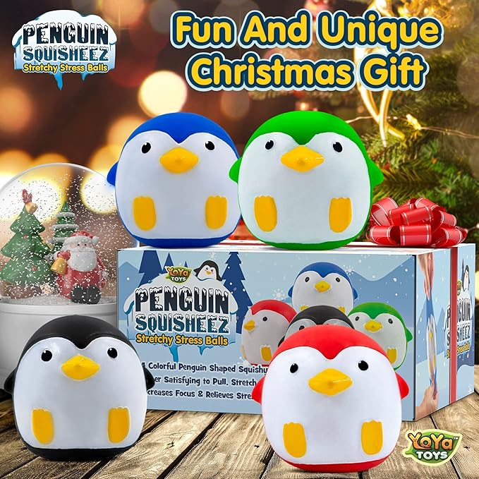 YoYa Toys Penguin Squisheez Squishy Stress Relief Balls (Set of 4) | Stretchy Fidget Animal Shaped Toys for Boys, Girls & Adults | Stretch Penguin Squeeze Toy | Great for ADHD, Autism, Anxiety