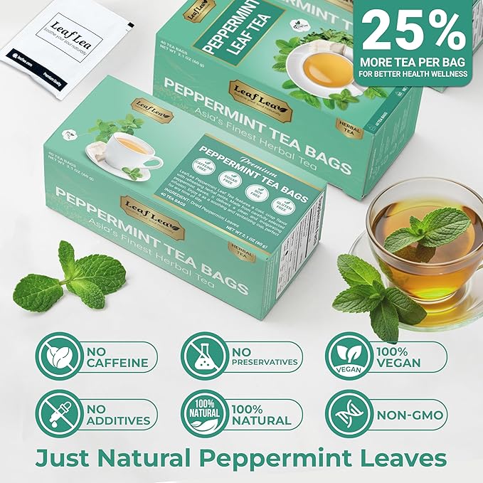 LeafLea 40 Peppermint Tea Bags, Natural Peppermint Leaf Herbal Tea with Cool Taste, Te De Menta for Gentle Digestive Support, Te De Hierba Buena, Caffeine-Free, Sugar-Free, Vegan, Individually Wrapped