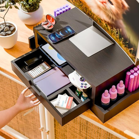 Simple Trending Monitor Stand Riser and Computer Wood Desk Organizer with Drawer and Pen Holder for Laptop, Computer, iMac, Black