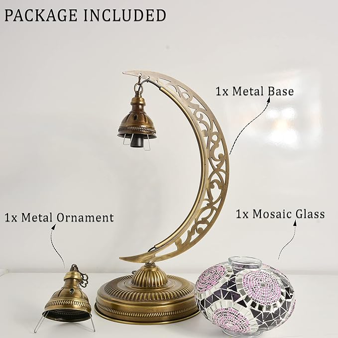 mozaist Turkish Mosaic Moon Shape Table Lamp, Moroccan Vintage Crescent Bohemian Handmade Bedside Light, Rustic Dining Room, Study Room, Office Decorative Lighting, Unique Turkish Gift (Lavender)