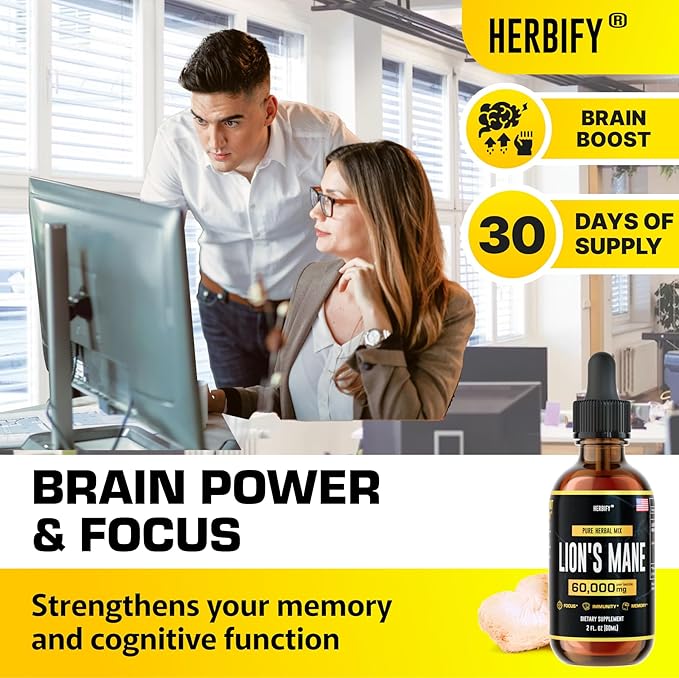 HERBIFY Lions Mane - Lions Mane Mushroom Supplement- Lions Mane Tincture - Lions Mane Immune Support - Lions Mane Tincture for Memory, Focus & Clarity - Daily Mushroom Supplement 2 Fl oz
