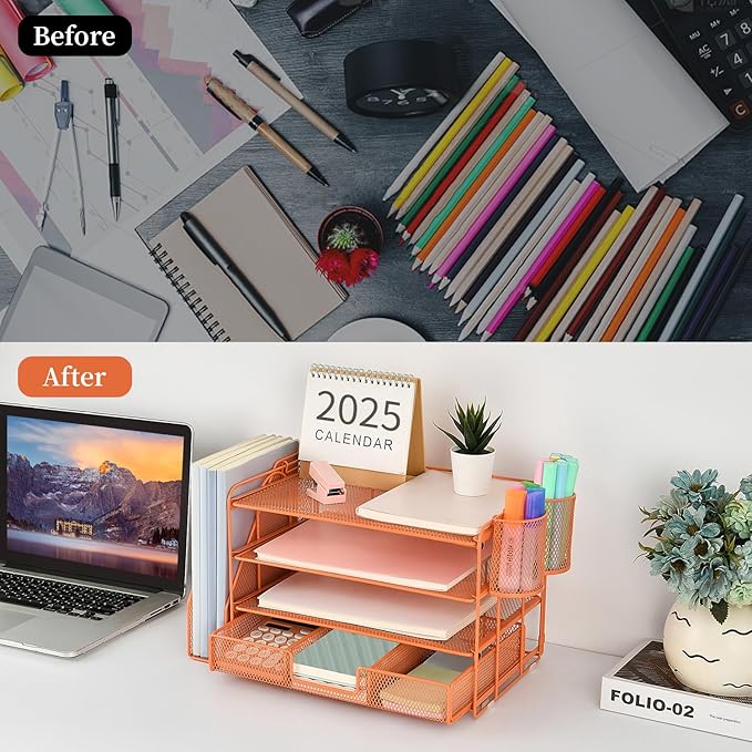 gianotter Paper Letter Tray Organizer with File Holder, 4-Tier Desk Accessories & Workspace Desk Organizers with Drawer and 2 Pen Holder for Office Supplies (Orange)