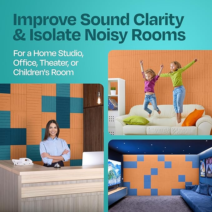 Acoustic Panels 12-Pack Soundproof Wall Panels 12"x12"x0.4" Decorative Sound Dampening for your Home, Office, Studio, Bedroom & More with Unique LineWave Carving [70'S Orange]