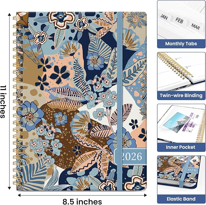 2026 Planner, Monthly and Weekly Calendar Planner for Women, January 2026 - December 2026, Hardcover Pretty 2026 Agenda Planner Book with Tabs, Spiral Bound, Perfect for School Office Home Supplies, 8.5" x 11" - Lineage Flora