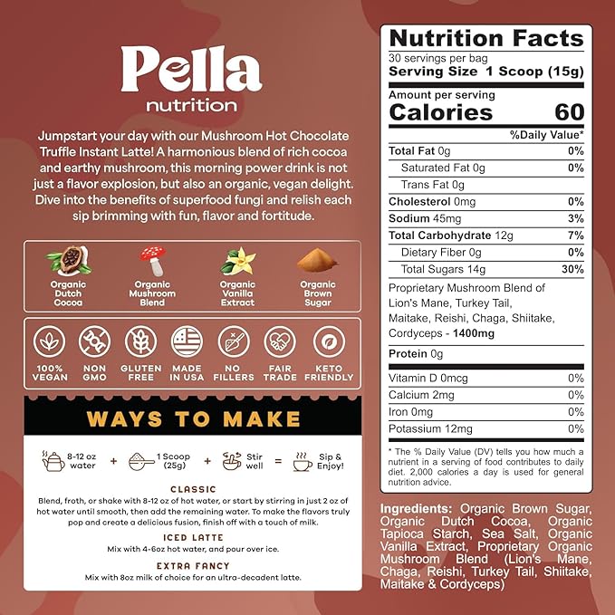 Organic Chocolate Truffle Instant Latte - Hot Chocolate Blend - Vegan, Non-GMO, Mushroom Coffee Organic - Reishi, Chaga, Lion's Mane, Turkey Tail - Mushroom Latte Supplement, Caffeine-Free 30 Servings