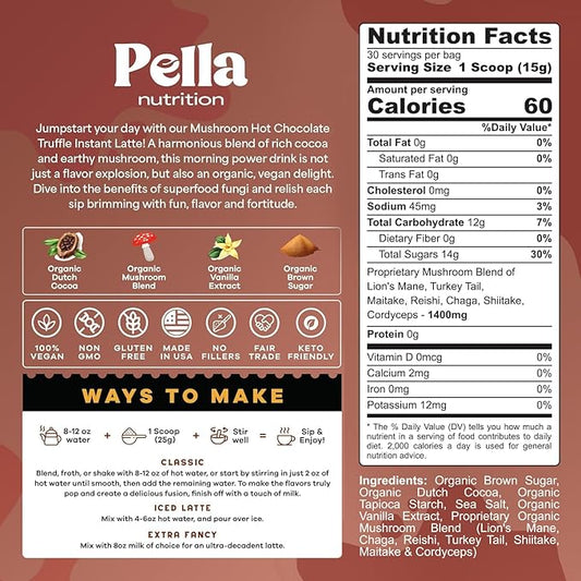 Organic Chocolate Truffle Instant Latte - Hot Chocolate Blend - Vegan, Non-GMO, Mushroom Coffee Organic - Reishi, Chaga, Lion's Mane, Turkey Tail - Mushroom Latte Supplement, Caffeine-Free 30 Servings