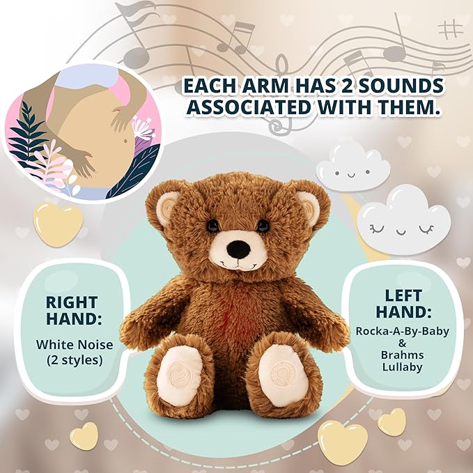 Gemma Joy Baby Sleep Soother Brown Bear for Baby – Cry Activated Heartbeat Stuffed Animal – Rechargeable Crib Soother with White Noise, Shush, Lullabies & Night Light – Newborn Essentials Must Haves