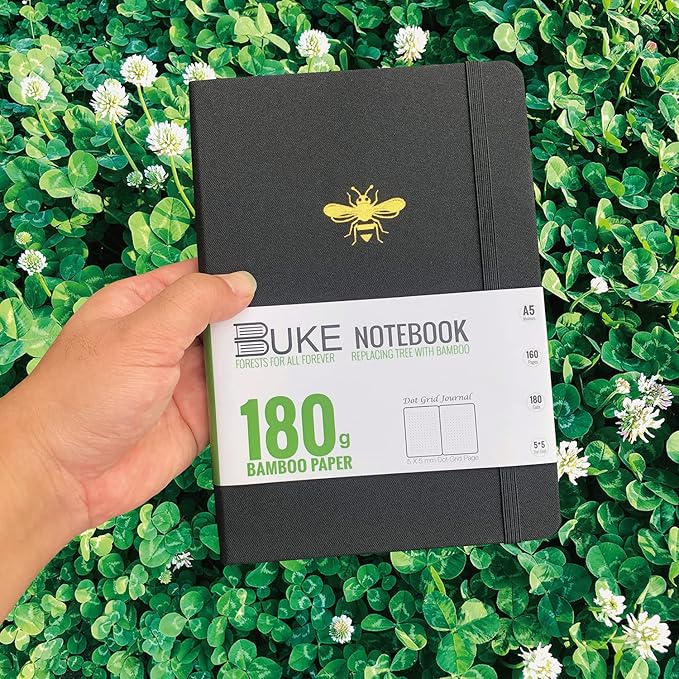 BUKE Honeybee A5 Dotted Notebook Dot Grid Journal 180Gsm Bamboo White Paper, 5 * 5MM Dot Grid 160 Pages,Colored Silver Edges,Waterproof Fabric Hardcover
