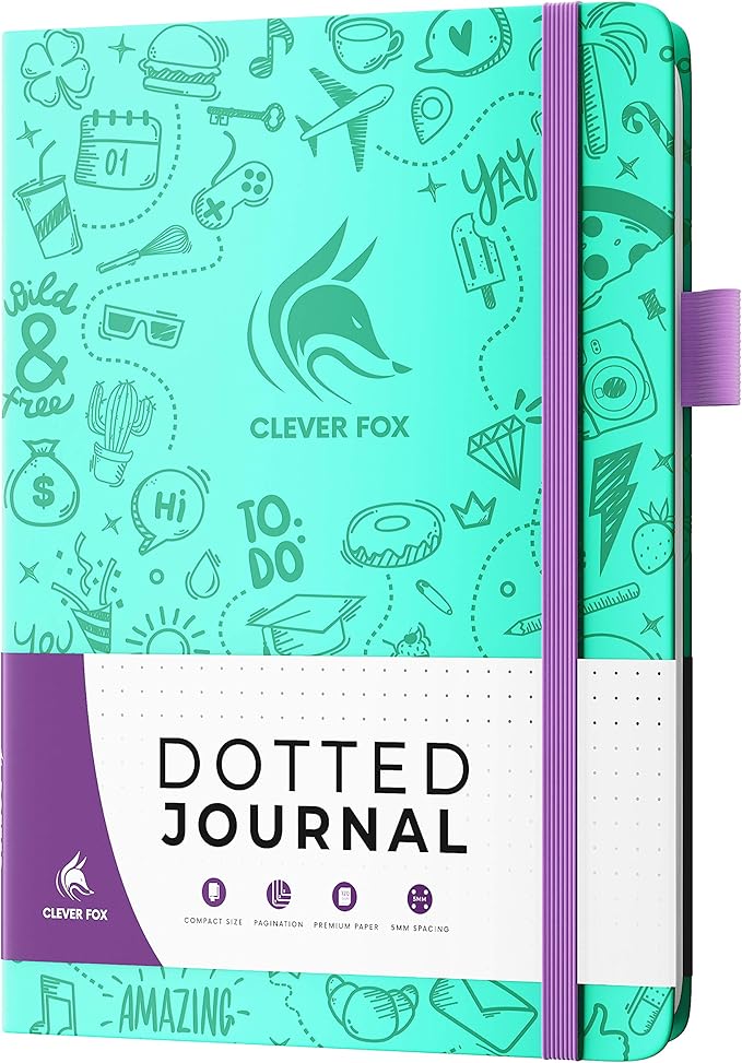 Clever Fox Dotted Journal 2.0 – Compact Planning and Sketching Dot Grid Notebook 120 GSM Thick, No-Bleed Paper – Planner with Pen Loop, Pocket, Ribbons, Stickers A5 - Light Turquoise