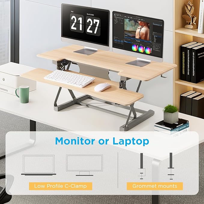 46" Electric Standing Desk Converter, Dyropcurv Series Height Adjustable Computer Desk Ergonomic Home Office Desk for Adults, Sit to Stand Desk with Quiet Motor, Light Wood