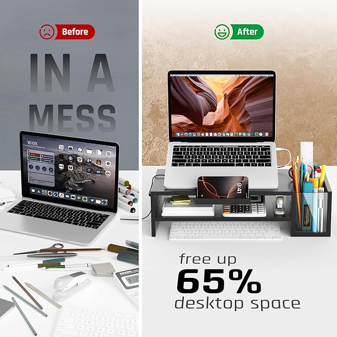 Adjustable Wood Laptop Stand, Ergonomic Height & Angle Stand with Pen Holder – Compatible with MacBook Air/Pro, Dell, HP, Lenovo & 10-17.3" Laptops – Black